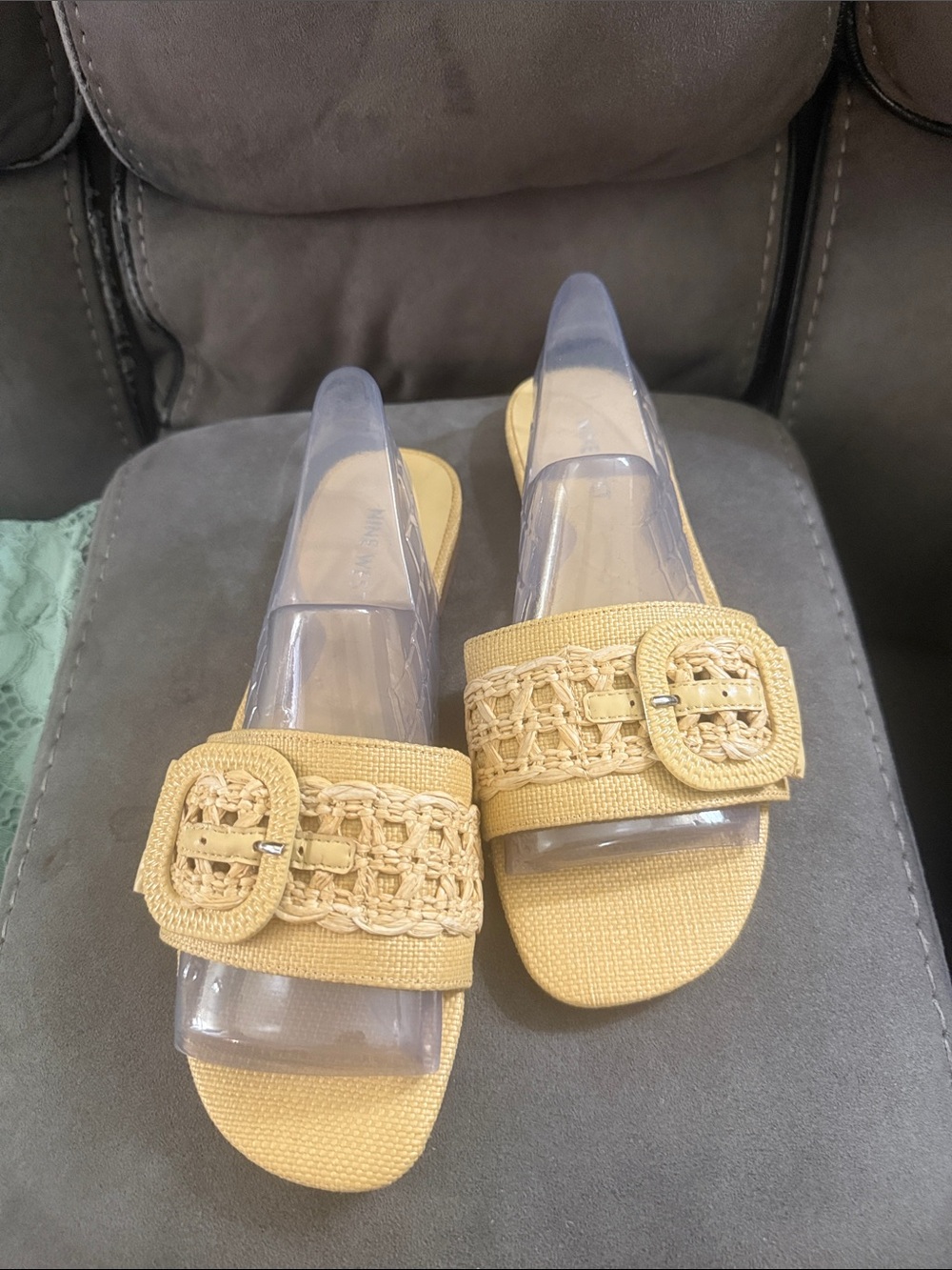 Nine West Yellow Woven Buckle Slide Mules with Clear Vamp